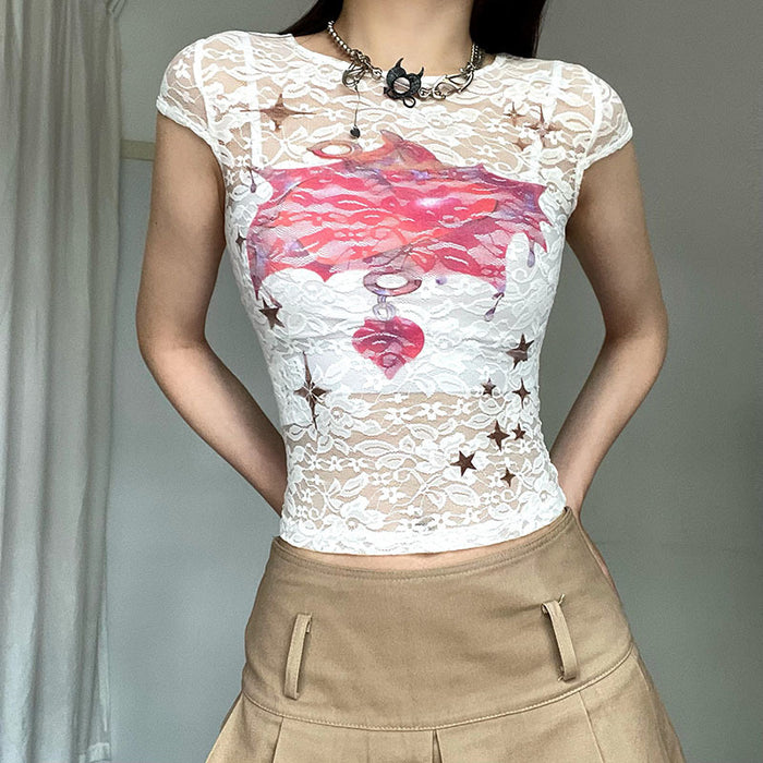 Niche Design Lace Abstract Printing Slim Fit See through Short T shirt Sexy Cropped Exposed Top-Fancey Boutique