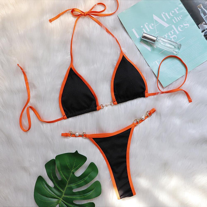 Color-Black-Sexy Bikini Patchwork Metal Accessories Pearl Women Split Swimsuit Vacation Swimsuit-Fancey Boutique