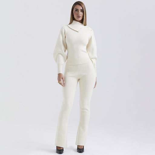 Color-White-Winter Two Piece Set Sexy Trend Hooded Long Sleeve Straight Leg Pants Knitting Set-Fancey Boutique