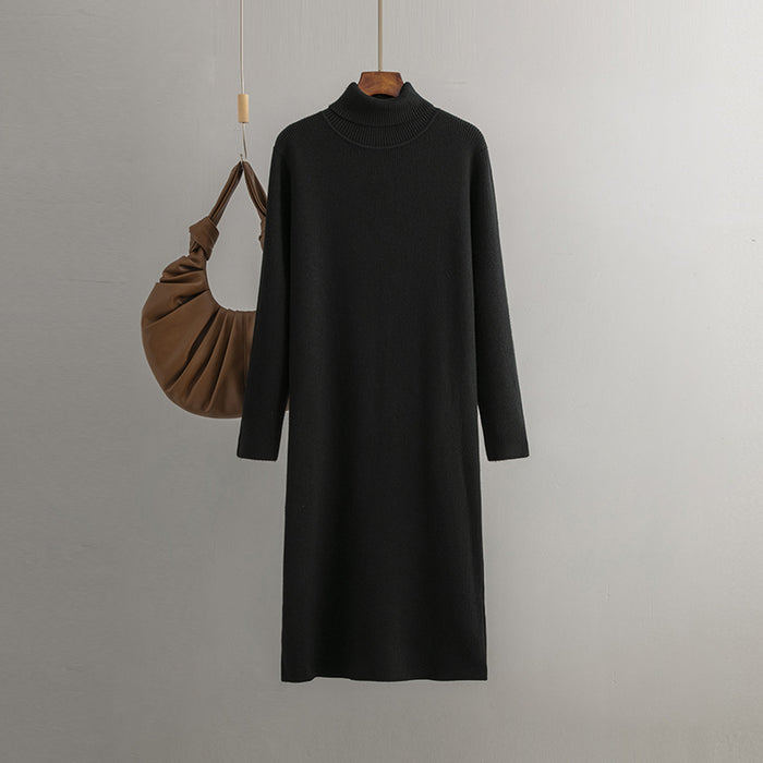 Color-Black-Women Knitted Dress Autumn Winter Mid Length Loose Turtleneck Solid Color Base Sweater Dress-Fancey Boutique