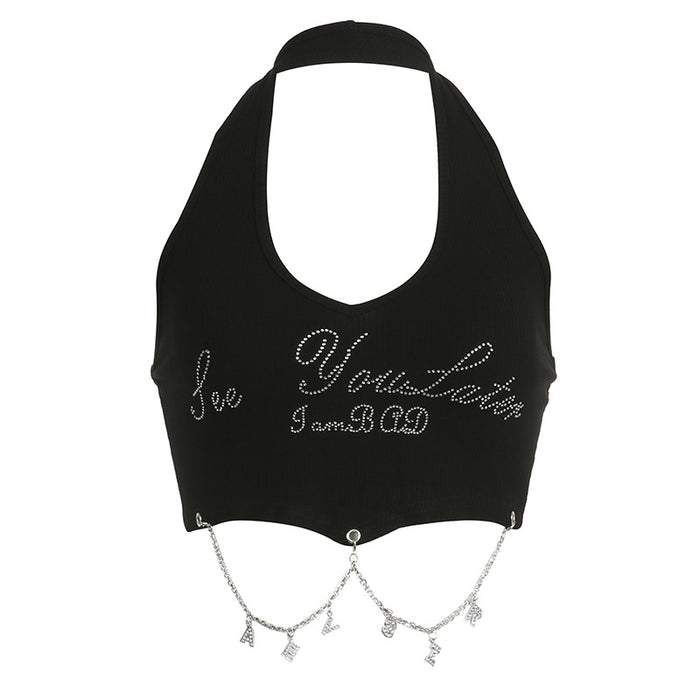 Color-Black-Trend Sweet Cool Sexy Letter Graphic Rhinestone Metal Chain Decoration Sexy Wind Cropped Halterneck Vest-Fancey Boutique