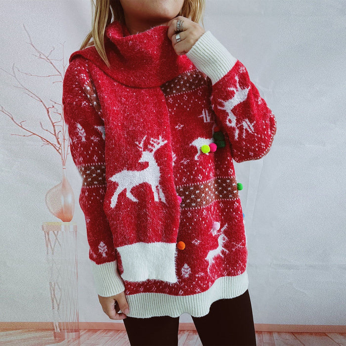 Color-Red Ribbon Scarf Colorful Ball-Autumn Winter Knitting Imitation Marten Deer Snowflake Jacquard Colorful Ball Christmas Sweater Scarf Two Piece Set-Fancey Boutique
