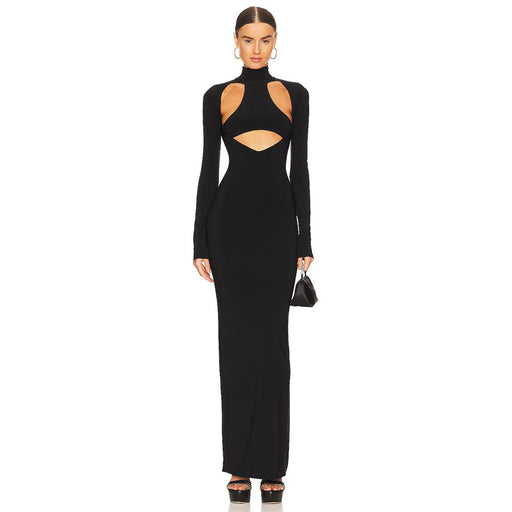 Dress Women round Neck Long Sleeve Hollow Out Cutout Backless High Slit Dress Sexy-Black-Fancey Boutique