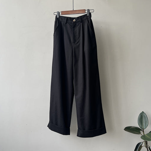 Color-Black-High Waist Wide Leg Casual Pants Women Autumn Tencel Cotton Loose Straight Leg Edged Pants-Fancey Boutique