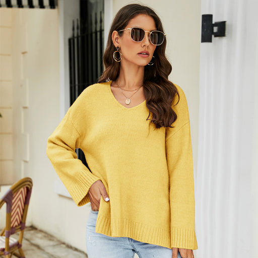 Color-Yellow-Women Clothing Long Sleeve V Neck Sweater Casual Loose Fitting Women Sweater-Fancey Boutique