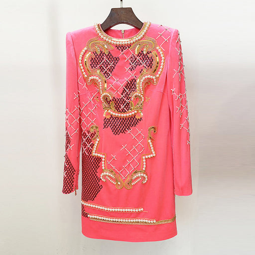 Color-Pink-Autumn Winter Heavy Industry Embroidery Sequined Diamonds Bead Long Sleeve Gold Velvet Sheath Dress-Fancey Boutique