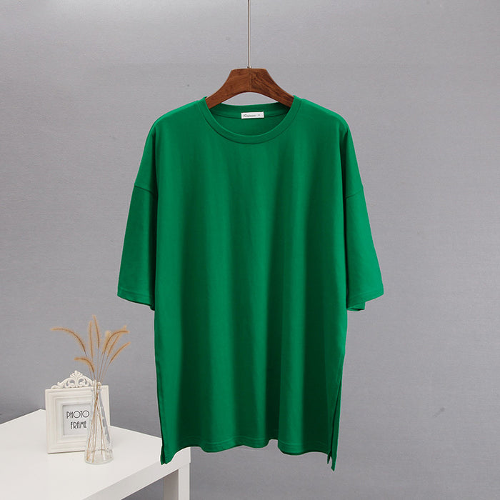 Summer Loose Split Cotton Short Sleeved T Shirt Women Comfortable Round Neck Solid Color-Green-Fancey Boutique