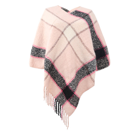 Color-Pink-Autumn Winter Cashmere Contrast Color Striped Cloak Knitted Tassel Scarf Shawl Women-Fancey Boutique
