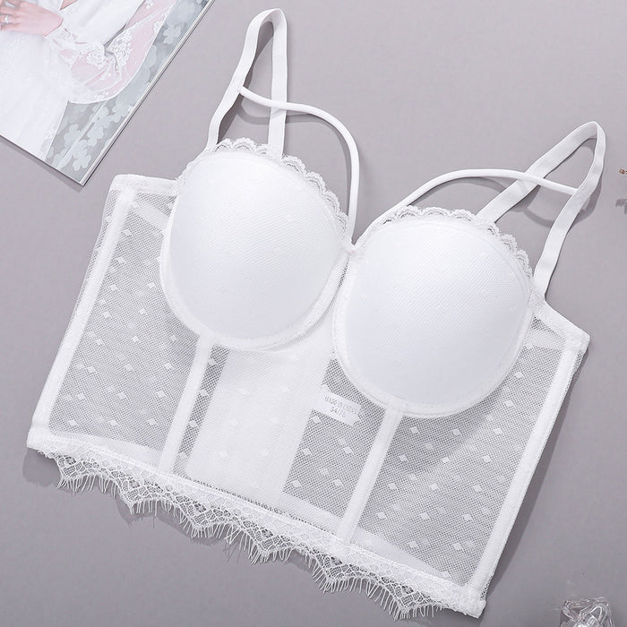 Backless Bra Inner Wear Adjustable Breast Holding Shaping Thin Semi Transparent Underwear Outer Wear Lace Mesh Camisole Women-White-Fancey Boutique