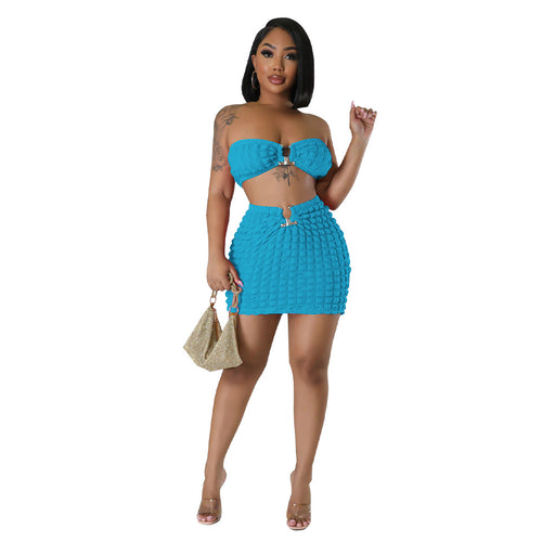 Color-Blue-Women Clothing Popcorn Sexy Cropped Wrapped Chest Short Skirt Bubble Two Piece Set-Fancey Boutique