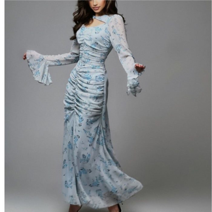 Women Spring Summer Pleated Advanced Printed Chiffon Women Length Dress-Fancey Boutique