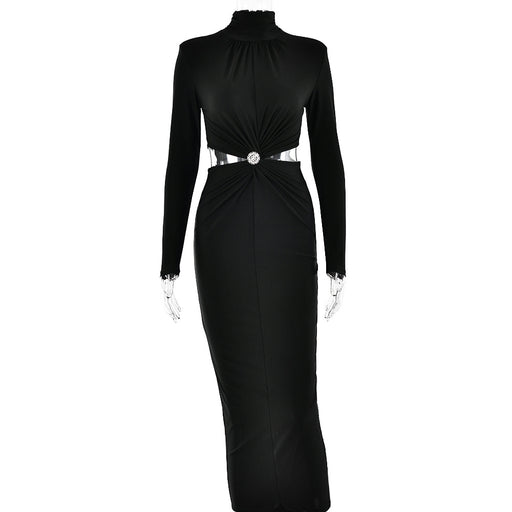 Color-Black-Half High Collar Long Sleeves Stitching Dress Women Sexy Backless Pleated Dress Winter-Fancey Boutique