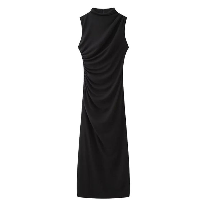 Color-Black-Women Clothing Stand Collar Sleeveless Straight Slim Pleated Decoration Midi Dress-Fancey Boutique