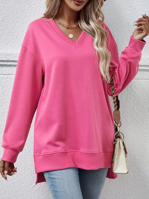 Color-Coral Red-Autumn Winter Women Clothing Sweater Solid Color V Neck Split Front Short Back Long Blouse-Fancey Boutique