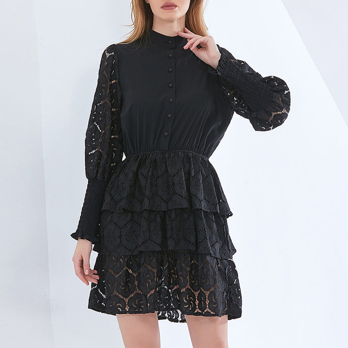 Color-Black-Niche Tiered Dress Spring French Solid Color Embroidered Long Sleeve Dress for Women-Fancey Boutique