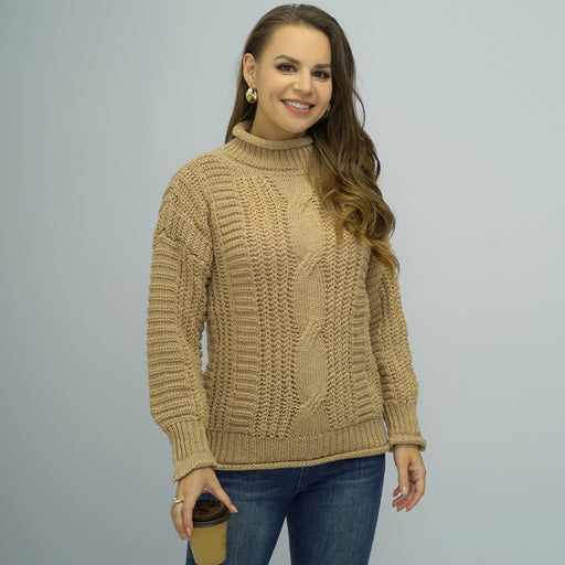 Color-Khaki-Autumn Winter Women Clothing Turtleneck Pullover Twist Knitted Solid Color Women Knitted Sweater-Fancey Boutique