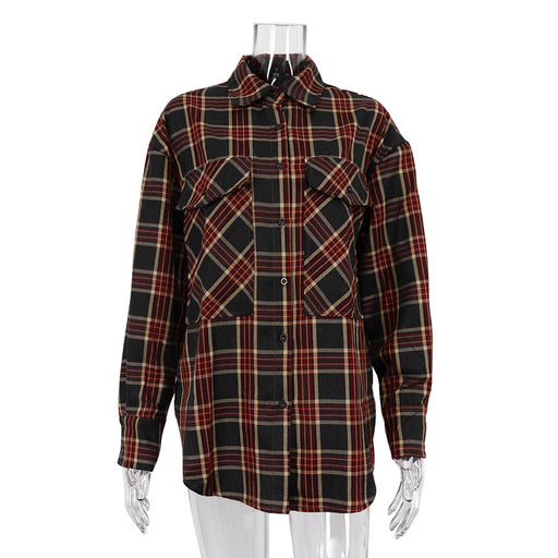 Color-Red-Women Clothing Autumn Retro Plaid Shirt Boyfriend Mid Length Loose Shacket-Fancey Boutique