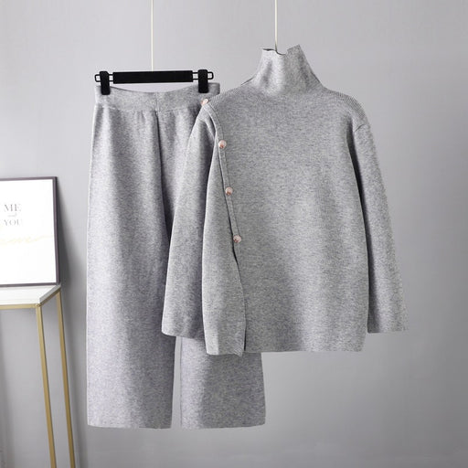 Color-Gray-Niche Stand Collar Slit Knitted Turtleneck Sweater Women Winter Warm Anti-Aging Casual Wide Leg Pants Two Piece Set-Fancey Boutique
