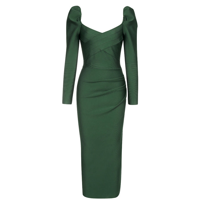Color-blackish green-Bandage Simple Sexy Tube Top Back Slit Puff Sleeve Long Sleeve Slim Fit Pleated Dress for Women Long-Fancey Boutique