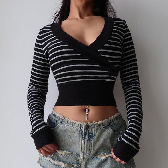 Street Striped Printed Deep V Plunge neck Cross Stitching Long Sleeves Cropped T shirt Sexy Waist Trimming Sweater-Fancey Boutique