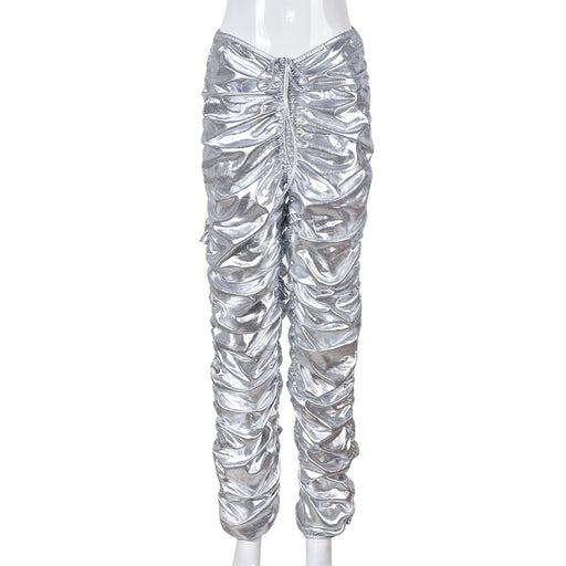 Color-Silver-Women Clothing Sexy Pleated Drawstring Outer Wear Metallic Trousers-Fancey Boutique