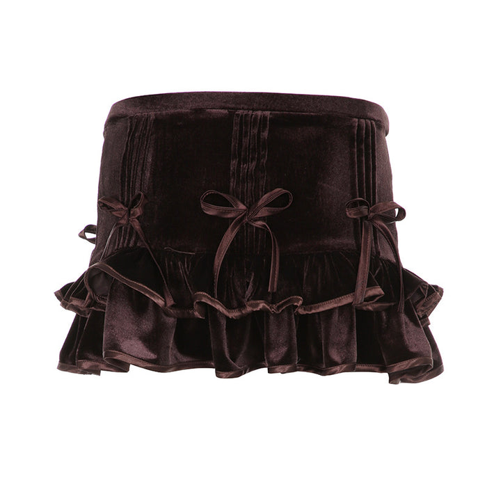 Color-Brown-Retro Brown Bow Bandage High Waist Velvet Skirt Cute Cute Curling Cake Miniskirt-Fancey Boutique