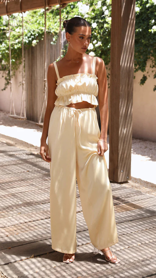 Spring Summer Women Wear Off Neck Sling Wide Leg Pants Suit Women-Pale Yellow-Fancey Boutique