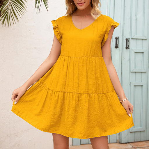Color-Yellow-Summer Women Clothing Loose V neck Wooden Ear Sleeve Dress for Women-Fancey Boutique