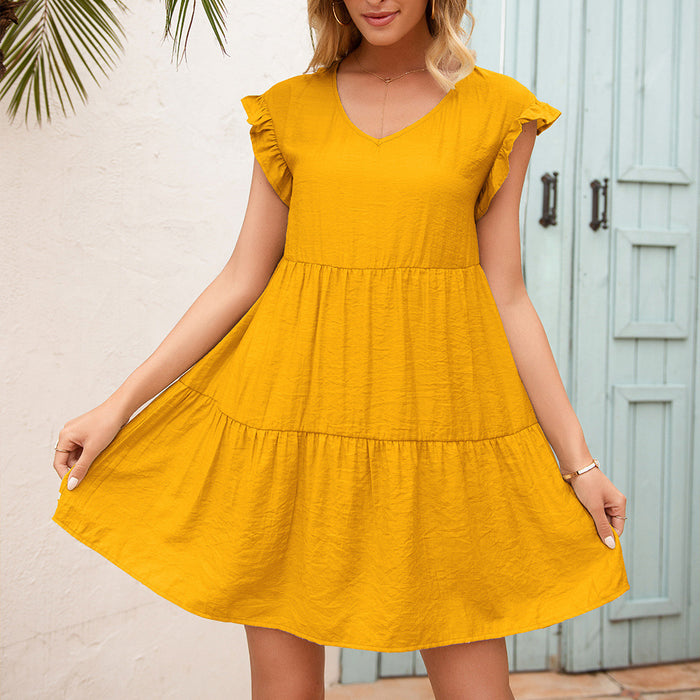 Color-Yellow-Summer Women Clothing Loose V neck Wooden Ear Sleeve Dress for Women-Fancey Boutique