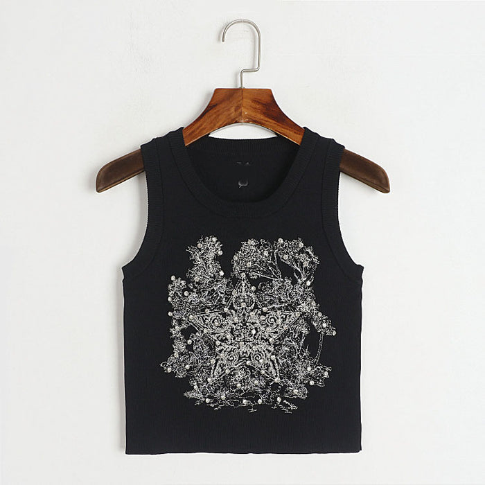 Color-Embroidered Five-Pointed Star Rhinestone Vest Bys Black-Round Neck Knitted Vest Early Summer Retro Five Pointed Star Rhinestone Embroidered Slim Outer Wear Women Top-Fancey Boutique