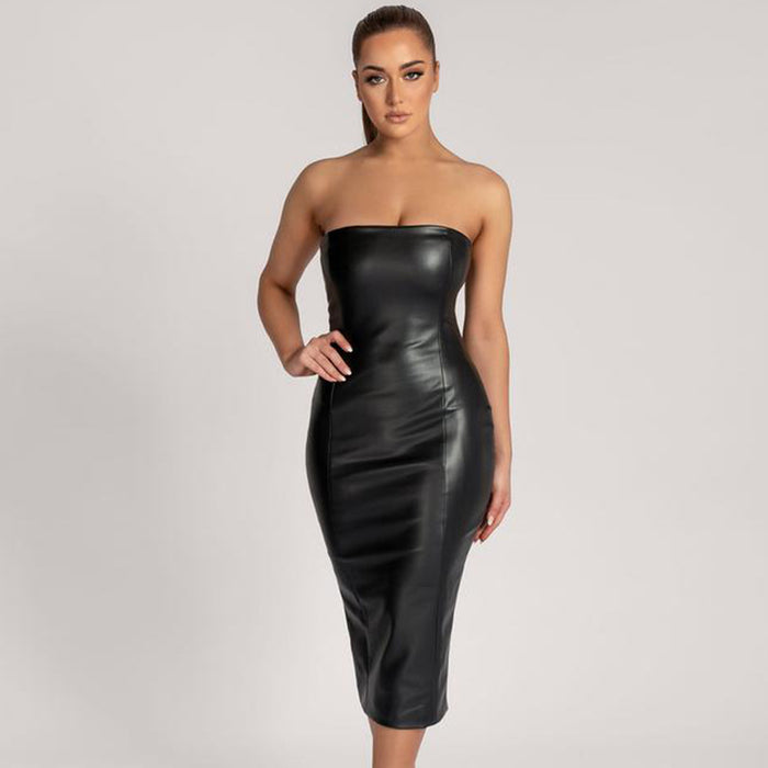 Color-Black-Autumn Winter Solid Color Faux Leather Elegant Slim-Fit Tube Top Back Slit Sexy Midi Dress-Fancey Boutique