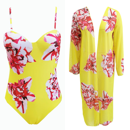 Women One Piece Swimsuit Two Piece Set Long Sleeve Mesh Blouse Sexy Printed Swimsuit-Yellow-Fancey Boutique