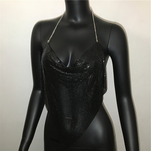 Color-Black-Sexy Women Clothing Metal Sequ Sling Non Specification Chain Top Party Sexy Sling Women-Fancey Boutique