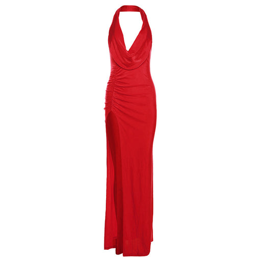 Color-Red-Women Clothing Autumn Women Clothing Sexy Deep V Plunge Halter Backless Split Sheath Dress-Fancey Boutique