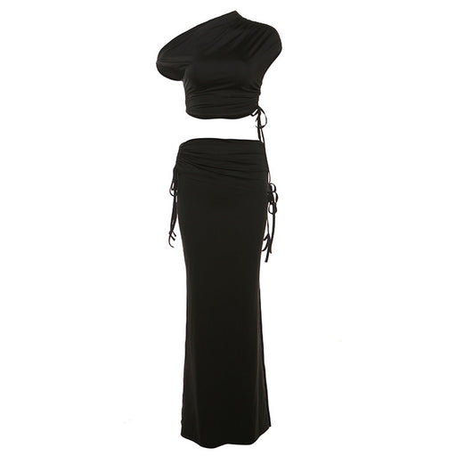 Color-Black-Winter Women Clothing Slant Shoulder Cropped T shirt Slim Hip Bag Skirt Set-Fancey Boutique