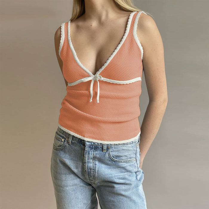 Color-Peach Pink-Spring Summer Best Women Clothes Sexy Deep V Plunge Bow Lace Vest-Fancey Boutique