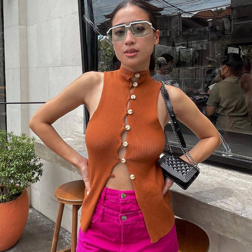Color-Single Breasted Knitted Vest Hollow Out Cutout Knitted Cropped Turtleneck Sleeveless Slim Fit Shape Vest Top Summer-Fancey Boutique