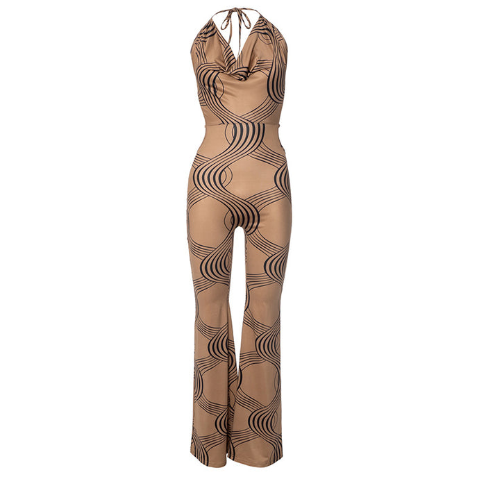 Women Clothing Summer Striped Printed Sleeveless Halter Rope Backless Siamese Trousers-Brown-Fancey Boutique