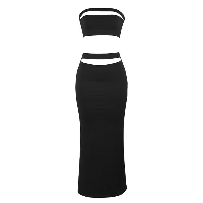 Summer Solid Color Sleeveless Sexy Tube Top High Waist Sheath Dress Women Set-Black-Fancey Boutique