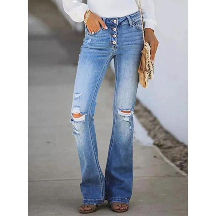 Color-Light Blue Worn-Spring Summer Retro Slimming Multi Button High Waist Micro Pull Washed Women Jeans-Fancey Boutique