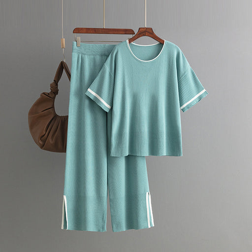 Color-Blue-Women Clothing Casual Suit Contrast Color Short Sleeve Wide Leg Pants Pants Slit Two Piece Set-Fancey Boutique