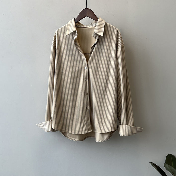 Color-Khaki-Retro Hong Kong Salt Striped Shirt Women Autumn French Shirt Niche Long Sleeved Shirt-Fancey Boutique