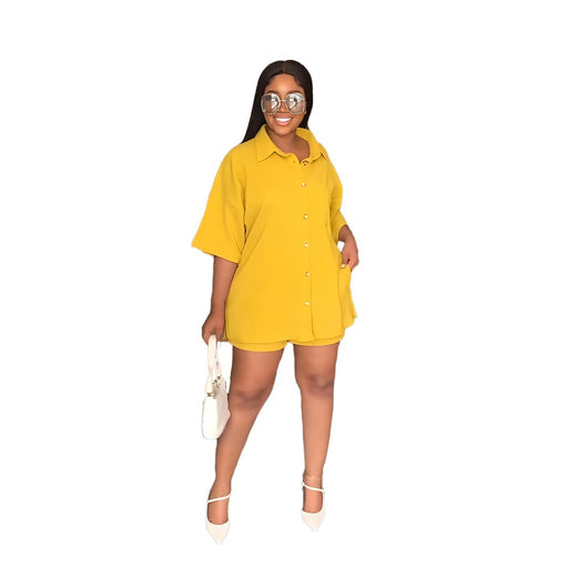 Color-Yellow-Solid Color Polo Collar Long Shirt Casual Shorts Suit Women Two Piece Suit-Fancey Boutique