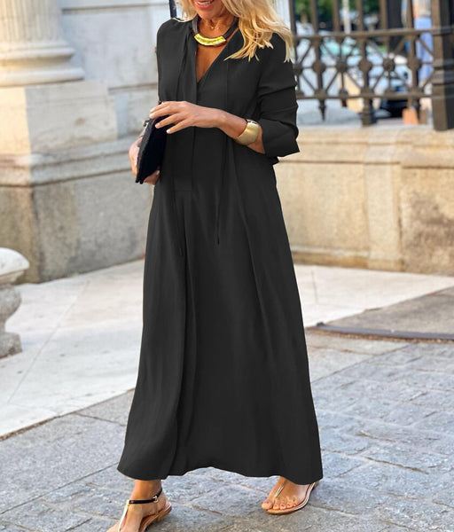 Color-Black-Large Swing Dress Solid Color Collared Long Sleeve Simple Casual Long Shirt Dress-Fancey Boutique