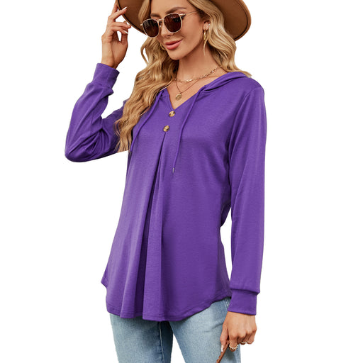 Color-Purple-Autumn Winter Solid Color V neck Button Hooded Loose Long Sleeves Sweater Women-Fancey Boutique