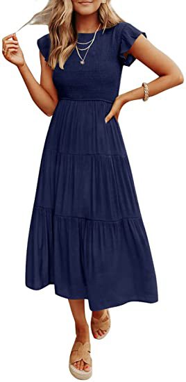 Color-Purplish Blue-Women Clothing Popular Pinfei Flounced Sleeve Pleating Layered Short Sleeve Large Swing Dress-Fancey Boutique