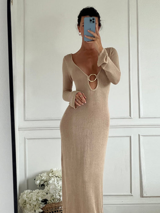 Color-Khaki-Autumn Winter V neck Sexy Long Knitted Dress Ring Backless Long Sleeves-Fancey Boutique