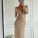 Color-Khaki-Autumn Winter V neck Sexy Long Knitted Dress Ring Backless Long Sleeves-Fancey Boutique