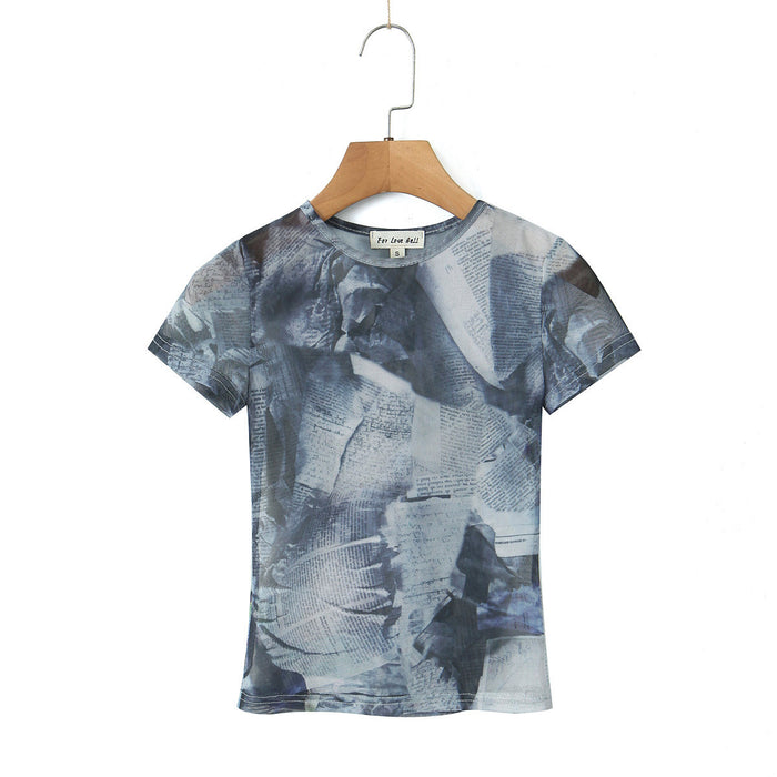 Color-Multi-Summer Street Hipster See through Sexy Phantom Blue High Elastic Mesh Printed T shirt-Fancey Boutique
