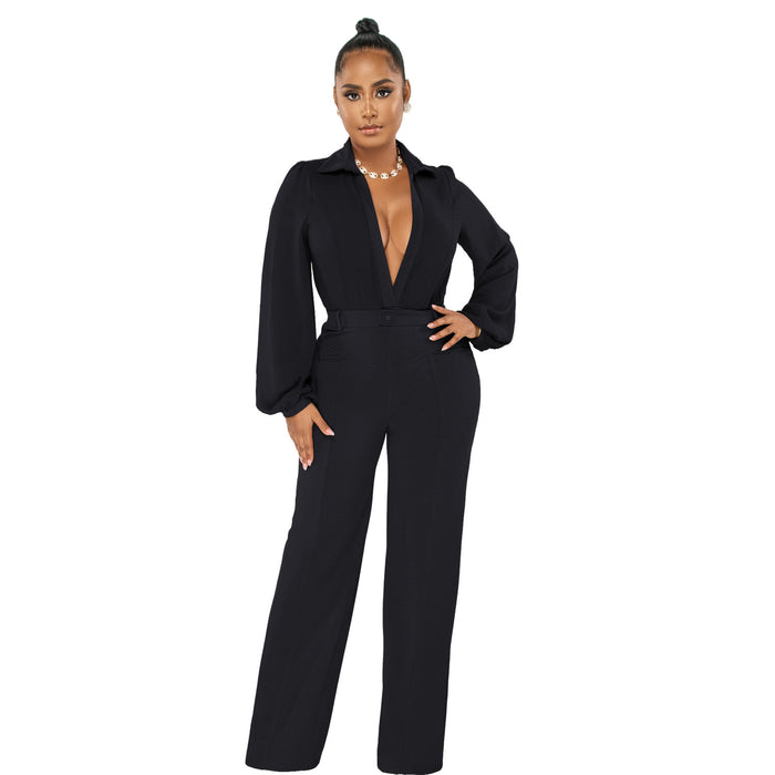 Color-Black-Women Clothing Jumpsuit Sexy V neck Long Sleeve Tight Blouse Trousers Autumn Winter-Fancey Boutique